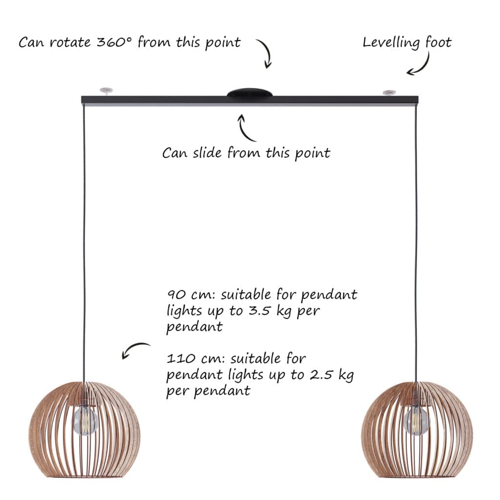 Lightswing produktbild med text; - kan vridas 360 grader - nivåreglerande fot - kan skjutas från mitten - 90cm: lämplig för pendellampor upp till 3,5 kg - 110cm: lämplig för pendellampor upp till 2,5 kg