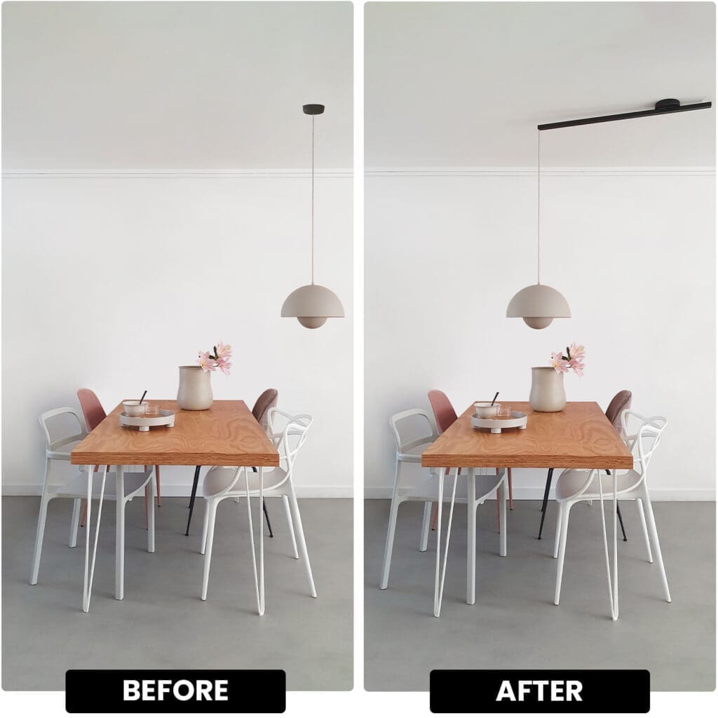 Split photo with a before and after of the dining table with one pendant light above it before and then two pendant lights because of the lightswing after.